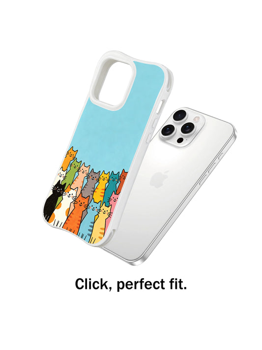 PhoneCasing iPhone 16 Pro Max with Multicolor Feline Gathering design, playful cats in a rainbow of hues coming together like a cheerful chorus.