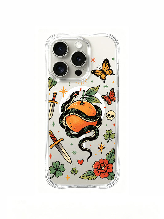 PhoneCasing iPhone 15 pro Case featuring Ruby Blackthorn old school forbidden garden tattoo print, coiled black snake wrapped around bright orange, vintage dagger, mini skull, four-leaf clover, red bloom flowers and monarch butterfly decor, clear shockproof art iPhone 15 pro casing crafted in California.