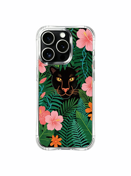 Fine orange outlined black panther hidden in dense jungle plants iPhone 13 pro Case from PhoneCasing, ultra-thin see-through iPhone 13 pro casing, minimalist exotic wildlife decorative phone cover.
