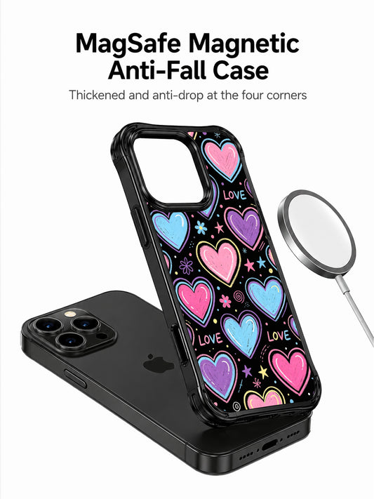 PhoneCasing iPhone 13 Pro Max case with layered bubblegum pastel heart doodles, cute girly street pop art phone casing for everyday casual wear.