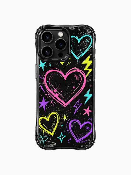 Punk pop aesthetic PhoneCasing iPhone 13 Pro Max cover, Sweet Rebel Hearts chaotic scribble print, neon pink cyan purple hearts, scattered star and thunder doodles