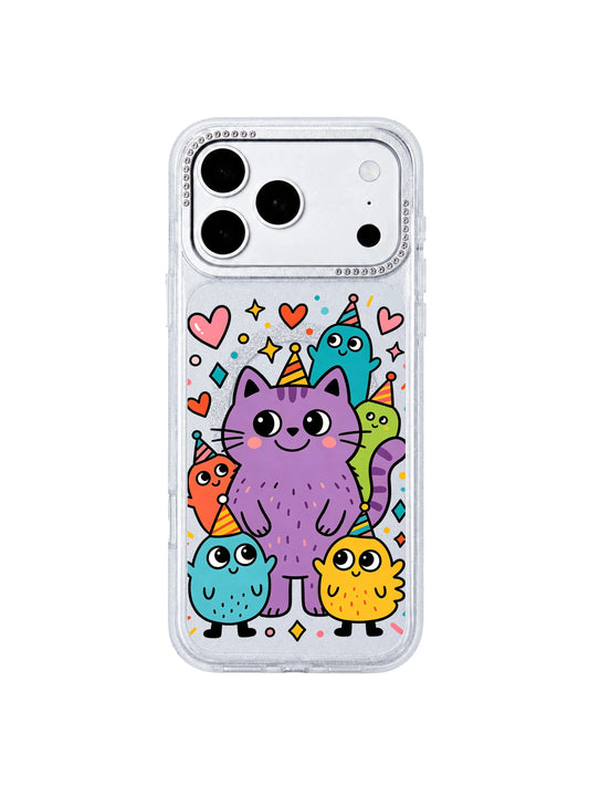 PhoneCasing full series lineup preview display of all Purple Cat Smile pattern variations on iPhone 17 Pro Max case, complete set of unique surrounding monster layouts for the iPhone 17 Pro Max casing category overview page