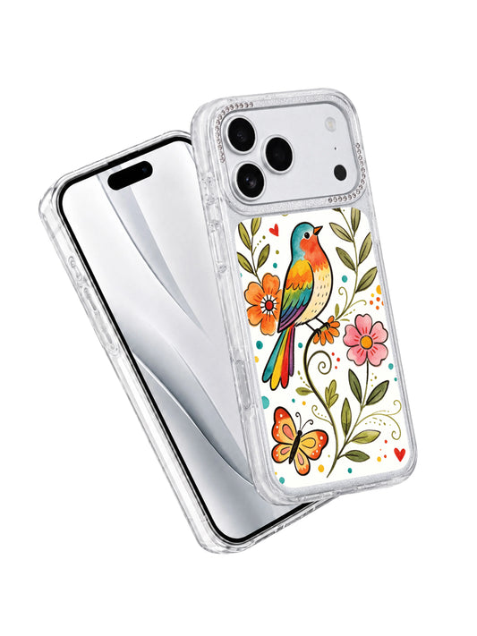 PhoneCasing unique birthday gift idea iphone 17 pro Max casing featuring Aurelia Finch’s cheerful rainbow bird and butterfly garden artwork for art enthusiasts.