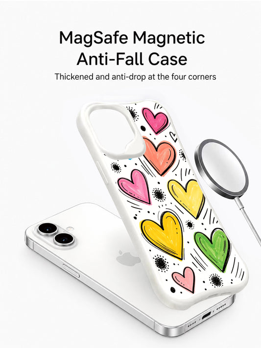 PhoneCasing rainbow heart rain iPhone 16 plus case, Daisy Vale original sketch art, drop-resistant protective cover with fade-proof vivid printing.