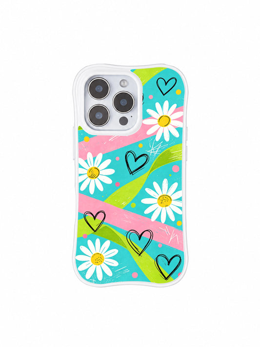 PhoneCasing iPhone 16 pro Case with wavy white frame showcasing Ruby Daze Electric Picnic Flowers fresh turquoise lime pink textured streak hand sketch daisy heart street pop illustration, premium light summer wanderlust floral casing for pastel outdoor lovers.