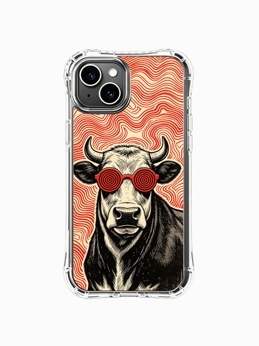 Exclusive Hypnotic Red Lens Cow fine art by Rufus Vale decorates PhoneCasing iPhone 13 Case, limited artist-collaborated gallery wearable art handcrafted inside California local art atelier for female art collectors.