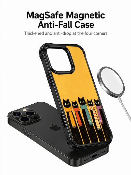 PhoneCasing iPhone 16 Pro Max with Scarfed Feline Squad design, five adorable black cats wearing vibrant winter scarves.