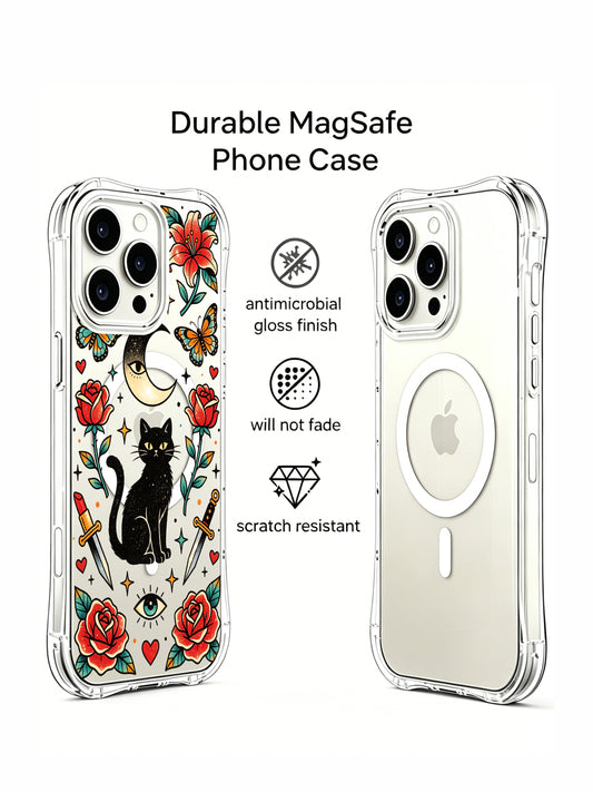 PhoneCasing iPhone 15 pro Case featuring Ruby Blackthorn old school mystic black cat & crescent moon with eye tattoo, single lily bloom, one vintage dagger, heart-shaped lipstick and red roses decor, transparent art iPhone 15 pro casing handmade in California factory.