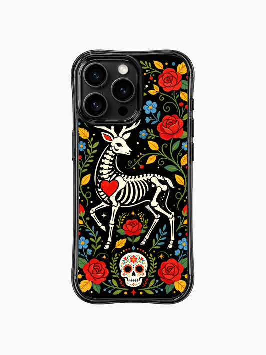 PhoneCasing iPhone 16 pro max Case featuring Estrella Nocturna art: a whimsical skeleton deer with a red heart at its chest, floating in a river of vibrant folk flowers and leaves, mystical Day of the Dead design for everyday use on iPhone 16 pro max casing.