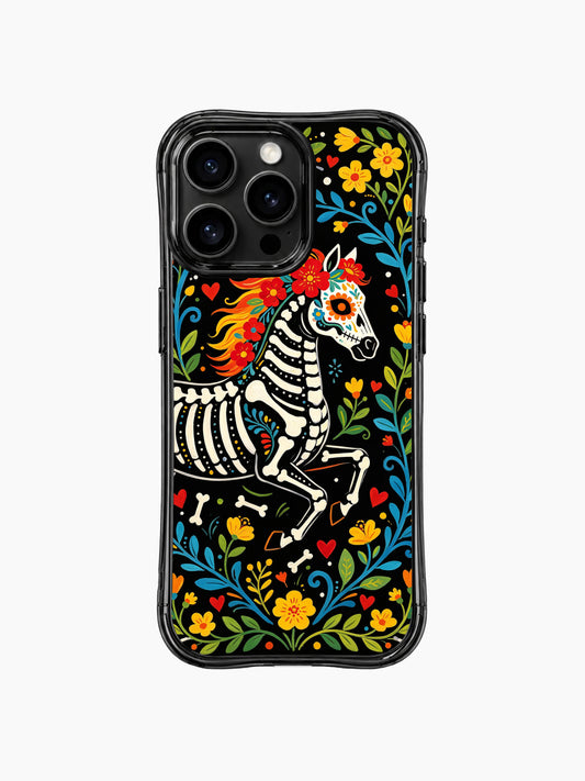PhoneCasing iPhone 16 pro max Case featuring Estrella Nocturna art: a galloping skeleton horse with orange mane, surrounded by yellow flowers and blue vines on a black background, Day of the Dead folk art design for everyday use on iPhone 16 pro max casing.