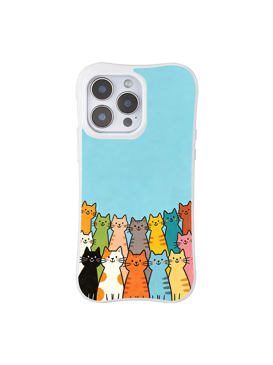 PhoneCasing iPhone 16 Pro Max featuring Sky Cat Choir art by Mimi Colorfield, vibrant multicolor cats gathering against a soft light blue background.