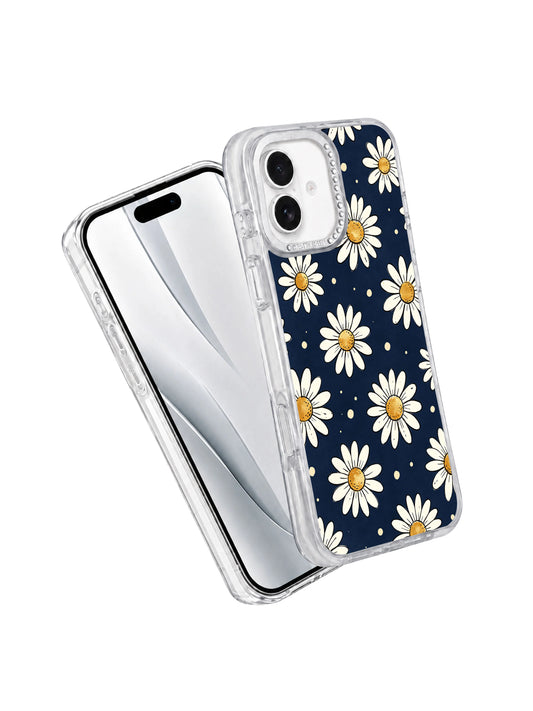 PhoneCasing subtle cream dot detailed Midnight Daisy Drift iPhone 17 casing, Solea Meadow hand-sketched drifting white daisies fully compatible with every model in the 2026 iPhone 17 lineup.