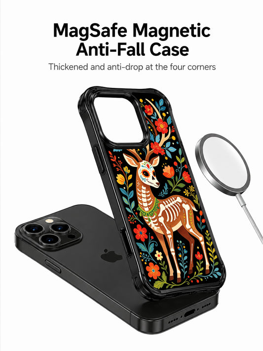 PhoneCasing iPhone 16 pro max Case with a sugar skull deer in profile, adorned with colorful floral details on its face and antlers, surrounded by red flowers and blue leaves, folk art print on durable black iPhone 16 pro max casing.