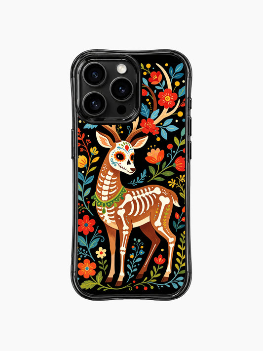 PhoneCasing iPhone 16 pro max Case featuring Estrella Nocturna art: a whimsical sugar skull deer with floral-patterned face, skeleton details and blooming flowers on its antlers, set against a black background, Day of the Dead folk art design for everyday use on iPhone 16 pro max casing.