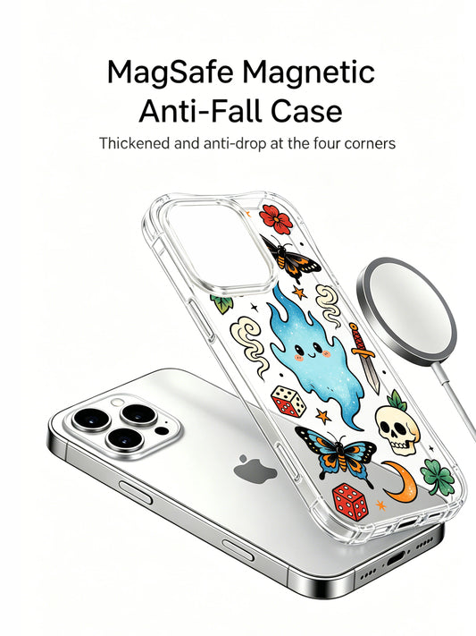 PhoneCasing iPhone 15 pro Case with upper vintage monarch butterfly graphic, bottom goth skull & blooming red flower accents, dreamy cute ghost motif, scratch-resistant glossy clear protective iPhone 15 pro casing for everyday regular usage.