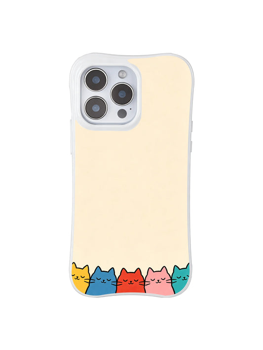 PhoneCasing iPhone 16 Pro Max with Vibrant Cat Stack design, bright multicolored cats bringing cheerful warmth to a soft cream background.