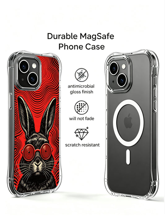 Vintage woodcut mysterious LP album cover black rabbit print featured on PhoneCasing iPhone 13 Case, premium licensed art phone casing manufactured in USA as luxury art gift for American female shoppers.