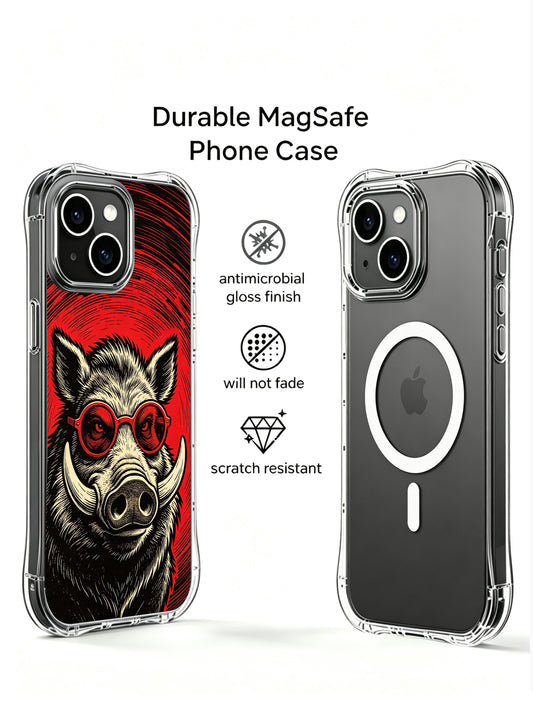 Vintage block print underground gig poster wild boar print featured on PhoneCasing iPhone 13 Case, premium licensed art phone casing manufactured in USA as luxury collectible gift for rock & art fans.