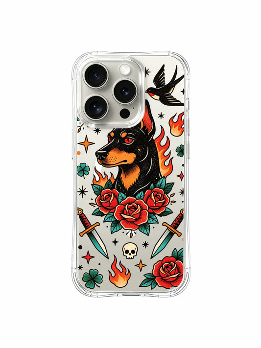 PhoneCasing iPhone 15 pro Case with wrap-around red rose floral framing for guardian doberman, limited-edition wearable fine art casing ideal holiday gift for her.