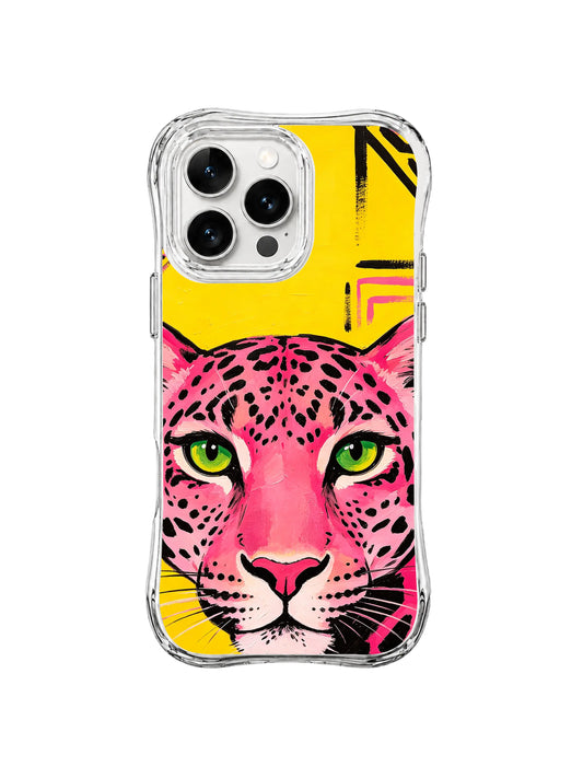 Pink leopard close-up with green eyes and bold yellow graphic background on iPhone 13 Pro Max case