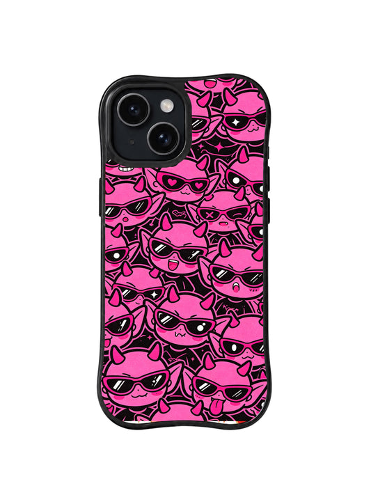 Pink Rebel Face Crowd: Hot-pink sunglass faces and angular doodles form a dense repeat on black.