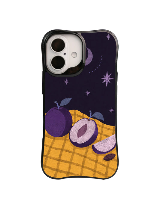 Crescent Table plum and moon artwork on a black iPhone case
