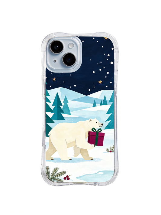 Cream polar bear carrying a cranberry Christmas parcel iPhone 14 case, pattern one