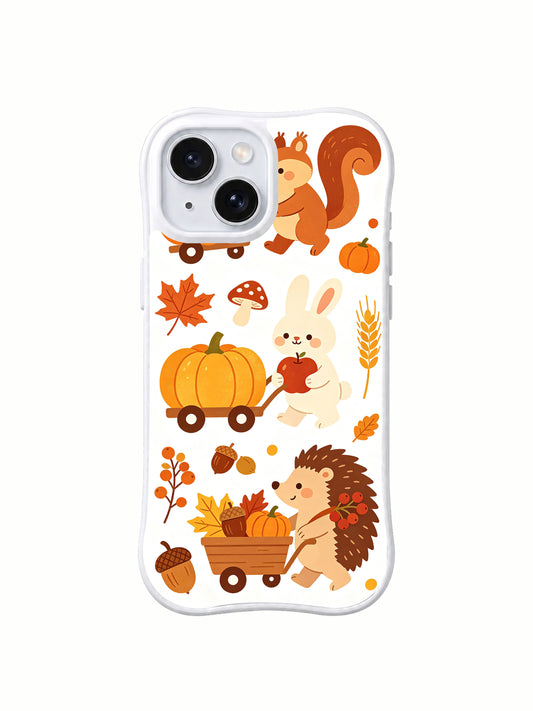Pumpkin Squirrel Feast: A squirrel, rabbit and hedgehog form a vertical parade with a pumpkin cart and a wooden harvest wagon.