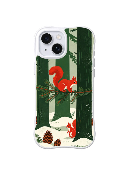 Red squirrel on a low pine branch above snowy ferns, pattern 1, shown on a white iPhone 13 case
