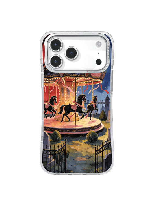 Crimson ribbon carousel iPhone case pattern with black horses in a moonlit cemetery