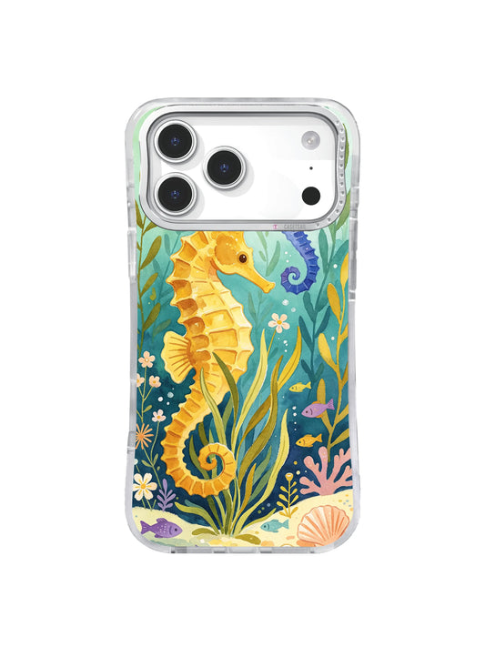 Golden seahorse curling around sea grass in an underwater meadow on an iPhone case