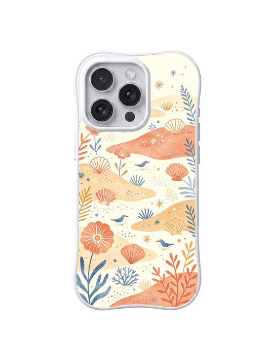 Seaside Shell Meadow: Small blue birds, peach shells and coral-like plants between wavy cream and orange dune bands.
