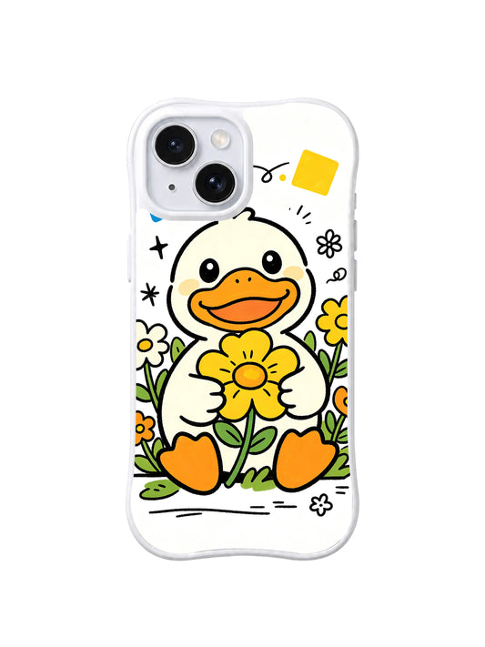 Secret Garden Duck iPhone 13 case with smiling duck holding a golden flower in a colorful garden