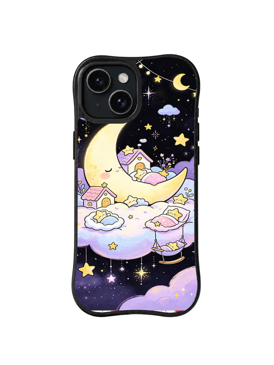 Moonlit Cloud Village: Uykulu hilal yıldızlar ve küçük salıncakların altında bulutlardaki pastel köyü kucaklar.
