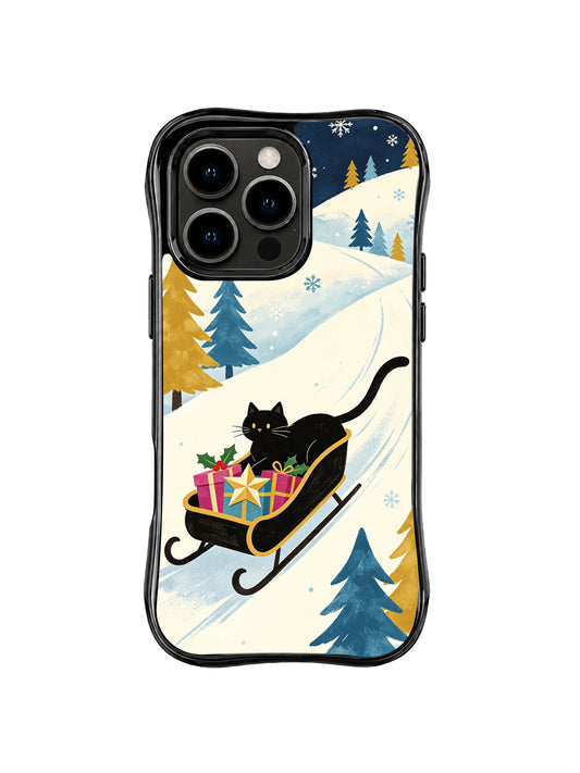 Black iPhone 15 Pro case with a black cat riding a curved sleigh of colorful gifts across blue and cream snowy hills