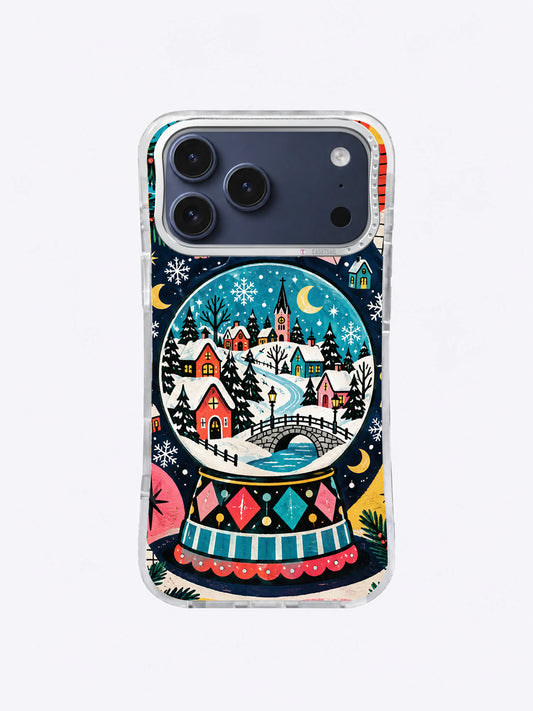 Midnight Snow Globe Village artwork on an iPhone case with a turquoise globe, red cottages, snow, stars, and colorful striped base