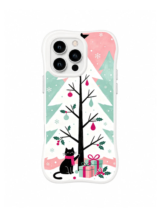 Black cat beside a white Christmas fir and pink gifts on a clear iPhone 15 Pro case