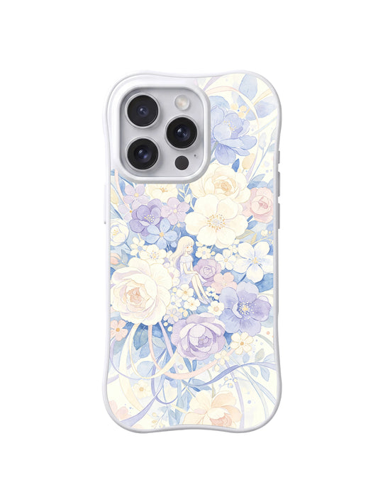 Soft Ribbon Flower Waltz: A tiny figure within a dense pastel bouquet, with blue and cream ribbon-like loops below.