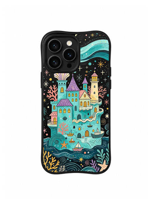 Starfish Moon Harbor: A dense tall harbor castle with lavender roofs, a coral lighthouse and little boats among waves and orange starfish.
