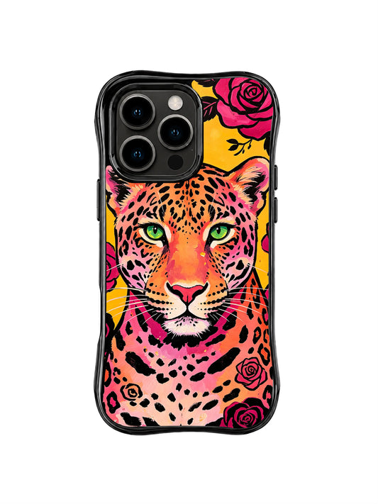Coral pink jaguar with green eyes and outlined roses around portrait on yellow iPhone 13 Pro Max case