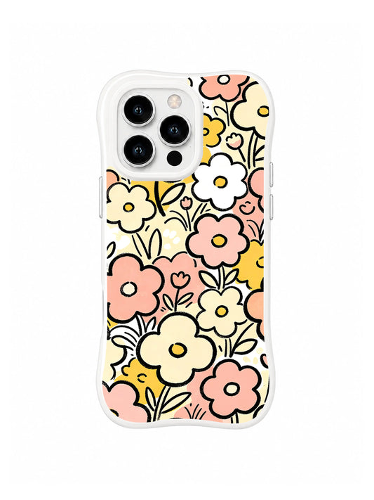 Peach Doodle Meadow: Küçük şeftali, krem ve sarı karalama tarzı çiçekler beyaz zeminde siyah çizgili yapraklarla dağılır.