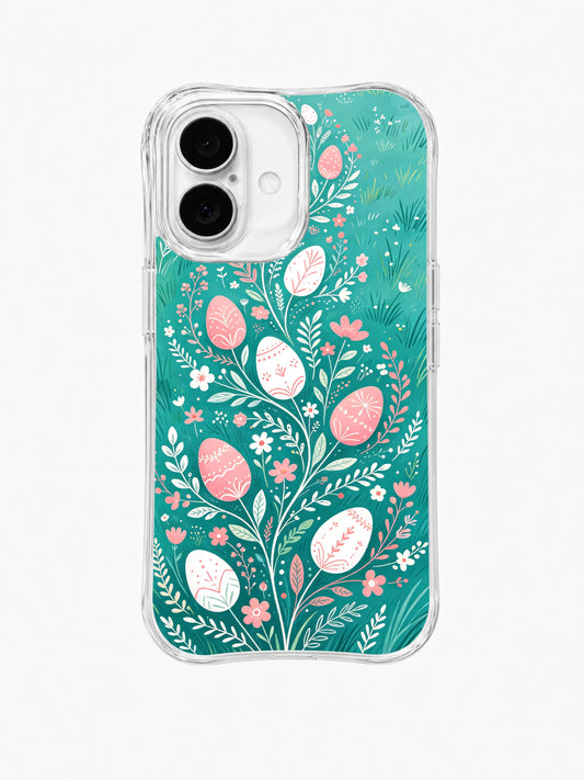 Sweet Meadow Promise / Meadow Promise Branch: Pink and white floral eggs growing from a delicate rising branch over fine turquoise grass marks.