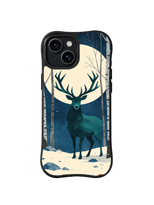 Black iPhone 13 case with teal reindeer, cream full moon and birch forest celestial folk art pattern 1