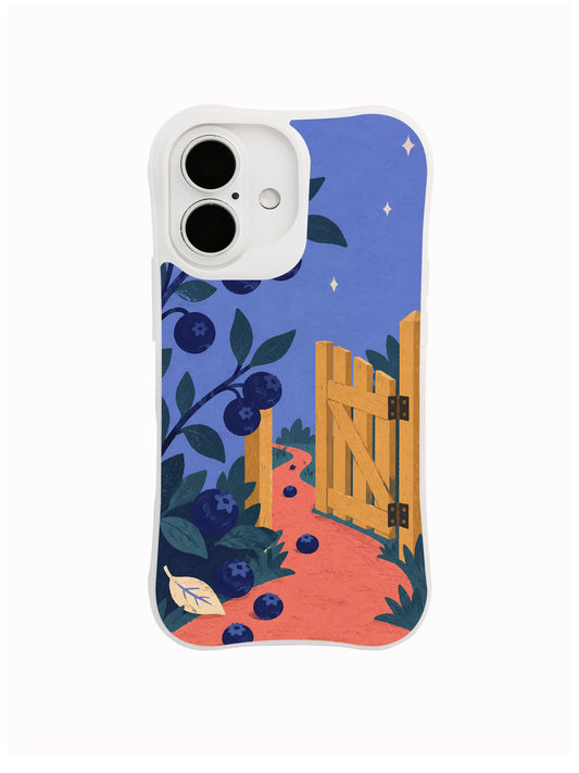 White iPhone 16 case with a blueberry branch, open ochre gate and coral garden path on dusty periwinkle