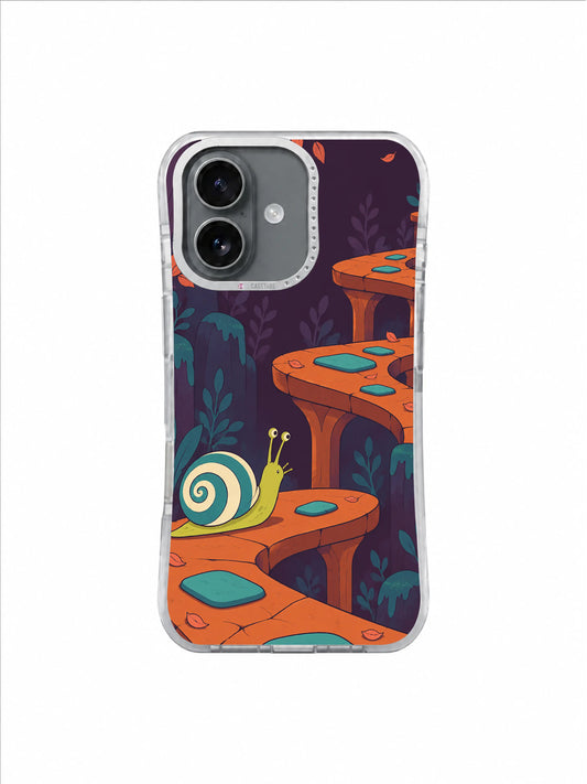 Chartreuse snail crossing folded orange garden paths on a deep aubergine iPhone case