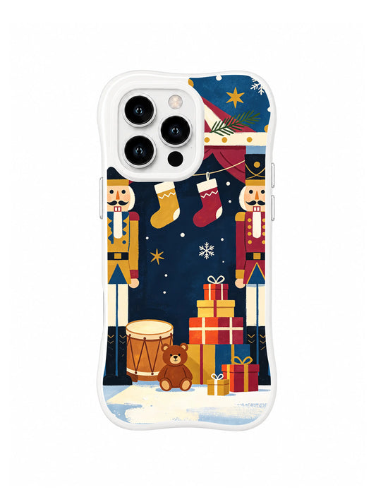 Nutcrackers, stockings, drum and wrapped gifts on a midnight-blue iPhone 15 Pro case