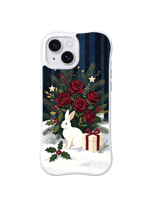 White hare beside crimson Christmas roses and a cream gift iPhone 14 case, pattern one