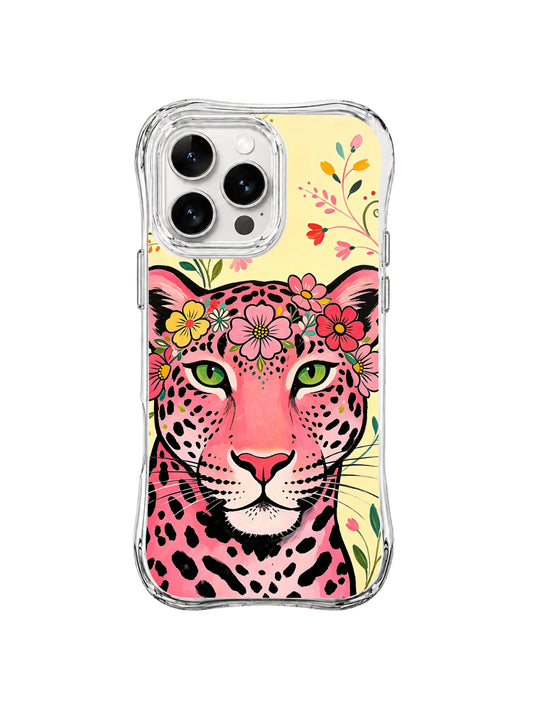 Pink leopard close-up with green eyes and a printed flower crown on cream yellow iPhone 13 Pro Max case