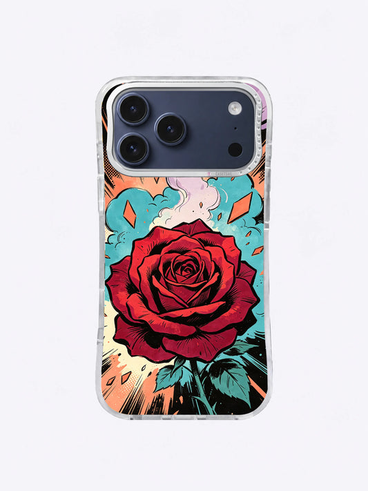 Wild Rose Riot iPhone case with crimson bloom, cyan clouds, peach shards and black comic rays