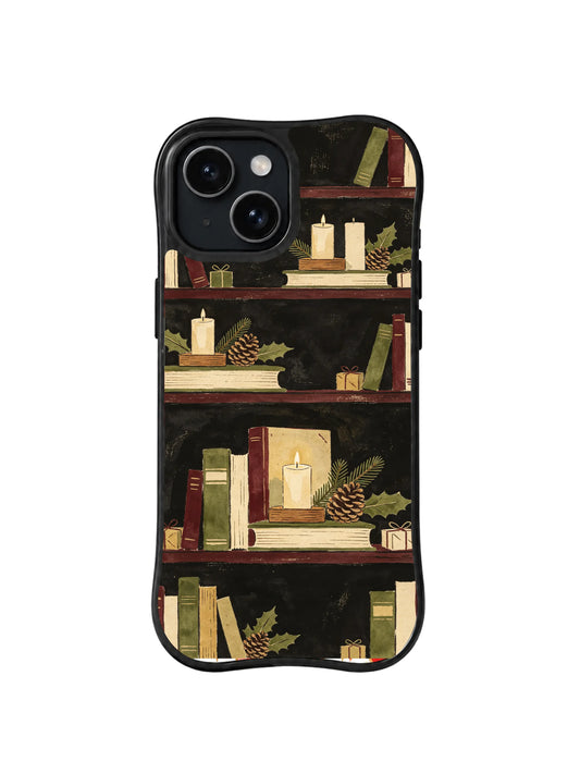 Black iPhone 15 case with winter bookshelves, cream candles and pinecones, pattern one